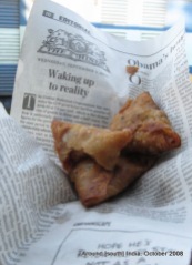 samosa of a different kind...served on a page of Hindu in a train to kanyakumari from trivendram