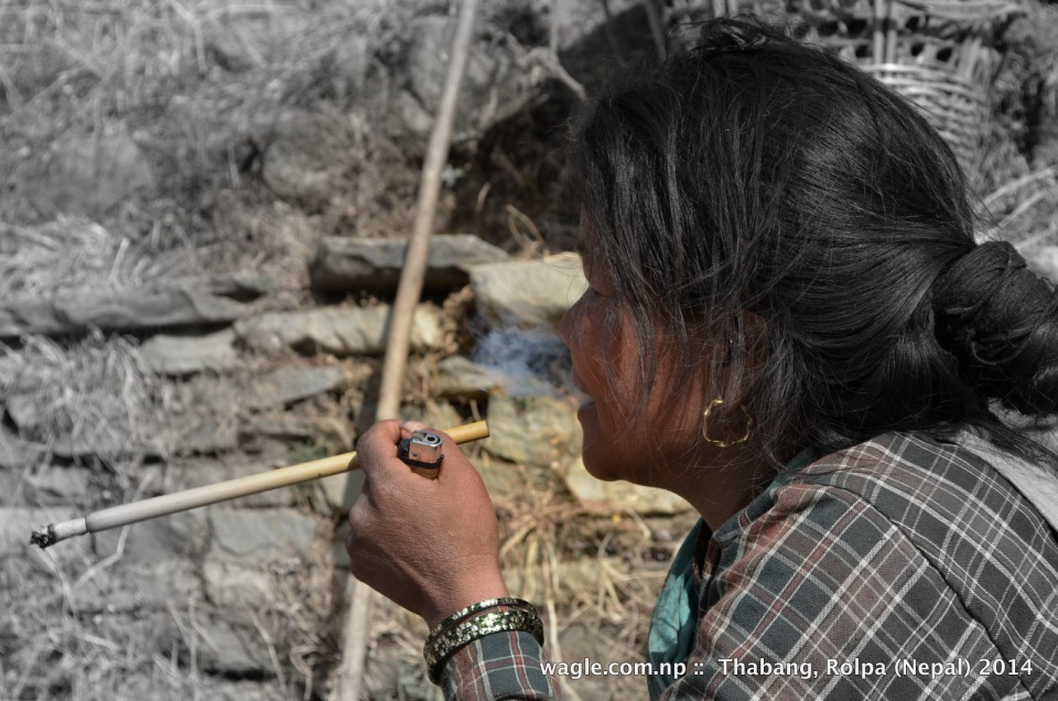 A woman smoked a cigarette from a bamboo stud in Thabang village, Rolpa.