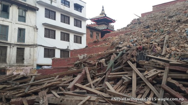 A day after the #NepalEarthquake, the rubble and woodcarvings from the fallen Maju Deval Temple in Kathmandu Darbar Square.