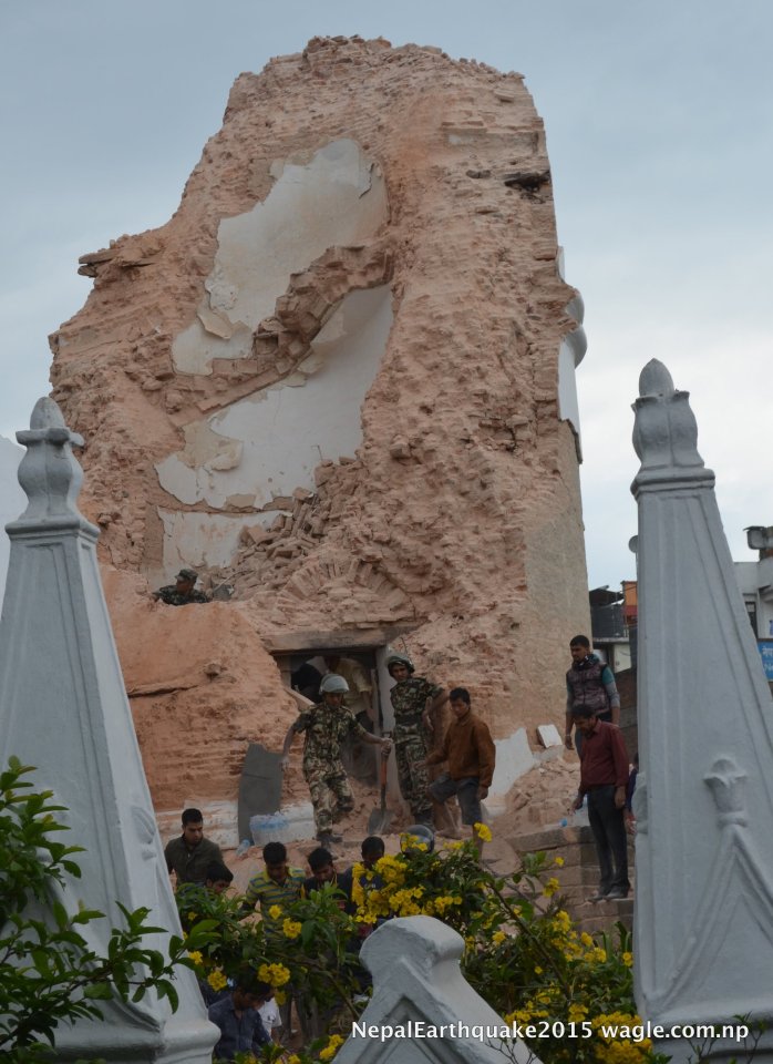 Soldiers and volunteers launched rescue efforts at the fallen Dharahara tower